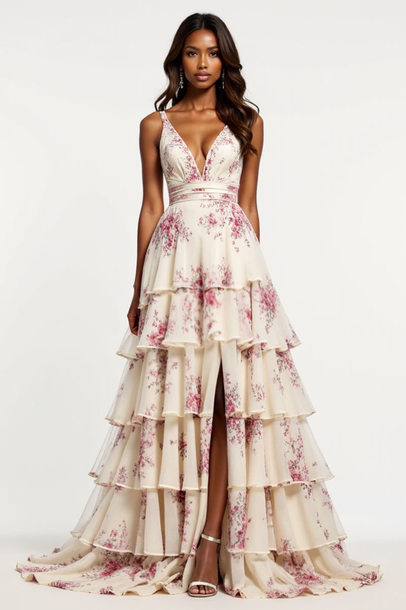 Load image into Gallery viewer, Champagne Flower Chiffon Tiered V-Neck Long Prom Dress with Slit