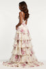 Load image into Gallery viewer, Champagne Flower Chiffon Tiered V-Neck Long Prom Dress with Slit