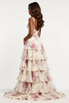 Champagne Flower Chiffon Tiered V-Neck Long Prom Dress with Slit