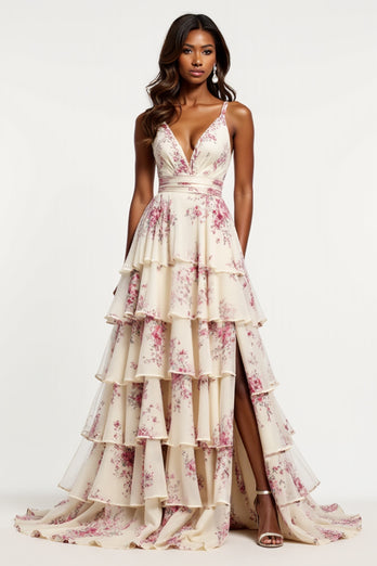 Champagne Flower Chiffon Tiered V-Neck Long Prom Dress with Slit