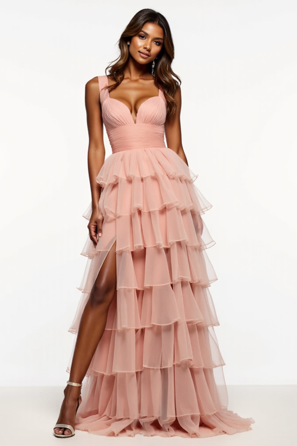 Pink A Line Tiered Long Tulle Prom Dress with Slit