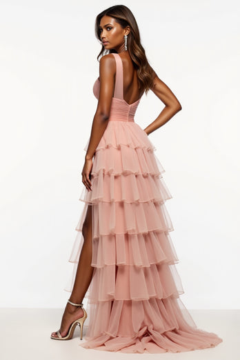 Pink A Line Tiered Long Tulle Prom Dress with Slit