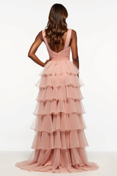 Pink A Line Tiered Long Tulle Prom Dress with Slit