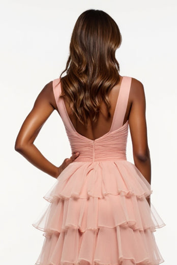 Pink A Line Tiered Long Tulle Prom Dress with Slit