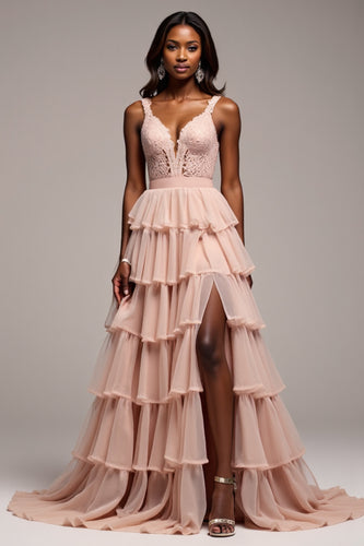 Dusty Rose Tiered V-Neck Long Tulle Prom Dress with Slit