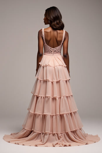 Dusty Rose Tiered V-Neck Long Tulle Prom Dress with Slit