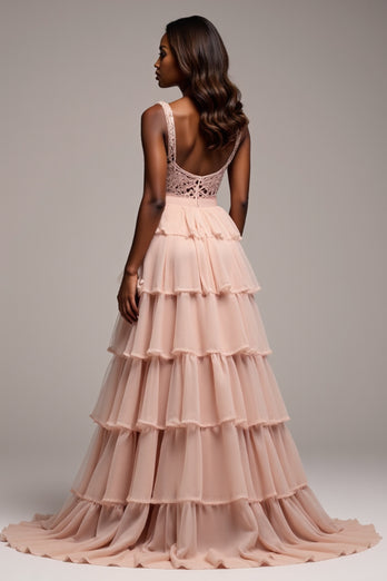 Dusty Rose Tiered V-Neck Long Tulle Prom Dress with Slit