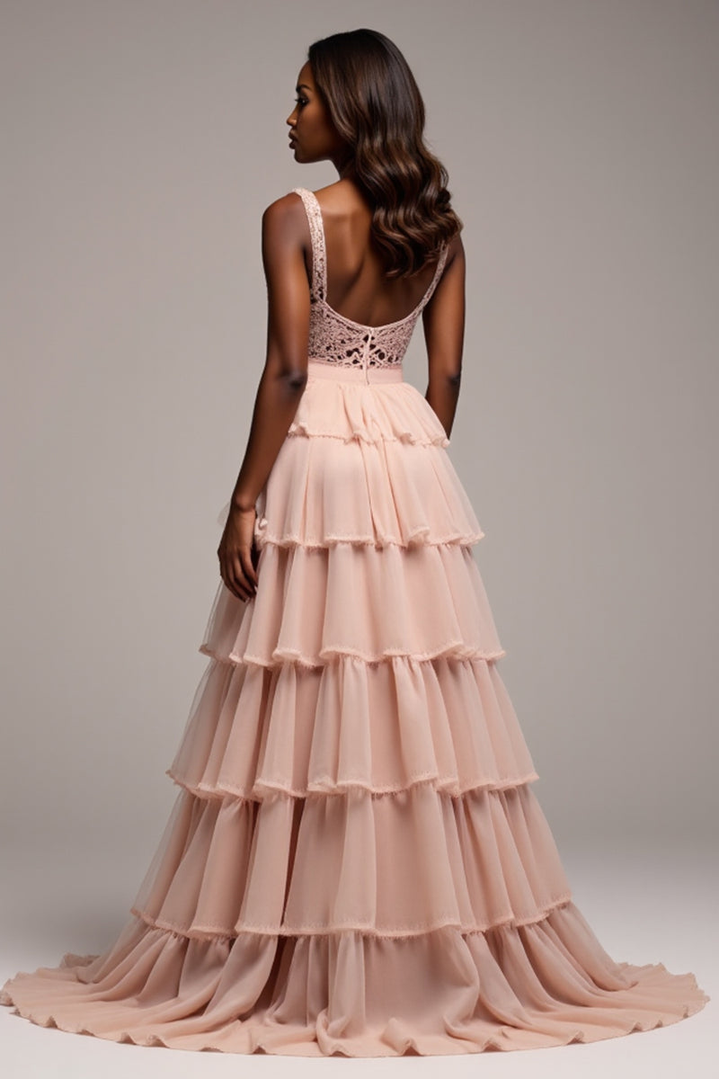 Load image into Gallery viewer, Dusty Rose Tiered V-Neck Long Tulle Prom Dress with Slit