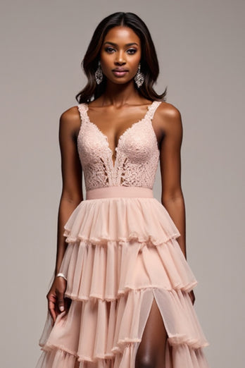 Dusty Rose Tiered V-Neck Long Tulle Prom Dress with Slit