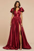 Load image into Gallery viewer, Dark Red Satin Pleated V-Neck Long Prom Dress with Slit