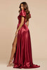 Load image into Gallery viewer, Dark Red Satin Pleated V-Neck Long Prom Dress with Slit