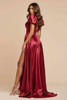 Dark Red Satin Pleated V-Neck Long Prom Dress with Slit