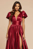 Load image into Gallery viewer, Dark Red Satin Pleated V-Neck Long Prom Dress with Slit