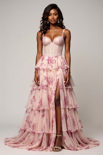 Blush Flower Chiffon Tiered Sweetheart Long Corset Prom Dress with Slit