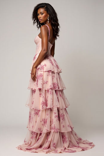 Blush Flower Chiffon Tiered Sweetheart Long Corset Prom Dress with Slit