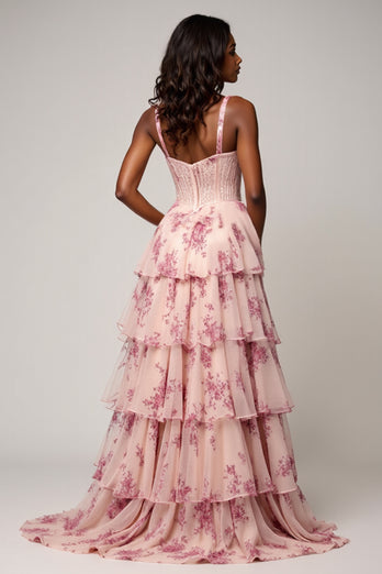 Blush Flower Chiffon Tiered Sweetheart Long Corset Prom Dress with Slit