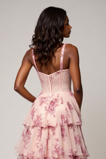 Blush Flower Chiffon Tiered Sweetheart Long Corset Prom Dress with Slit