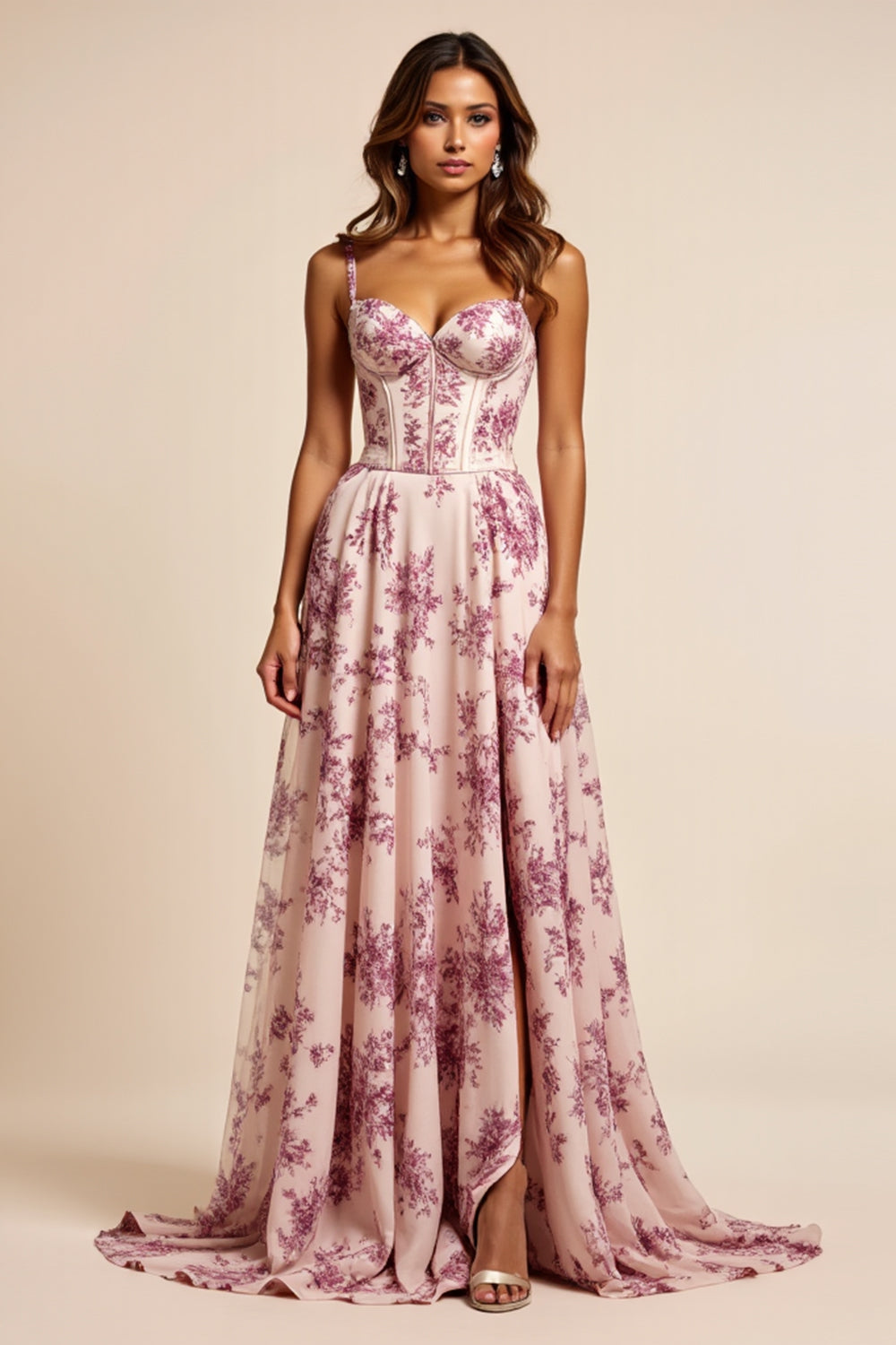 Floral Purple Corset A Line Sweetheart Long Prom Dress