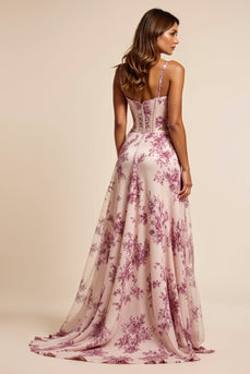 Floral Purple Corset A Line Sweetheart Long Prom Dress