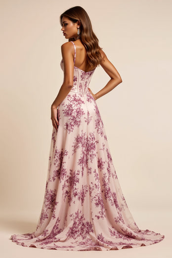 Floral Purple Corset A Line Sweetheart Long Prom Dress