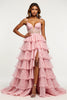 Load image into Gallery viewer, Blush Flower Tulle Tiered V-Neck Long Prom Dress with Slit