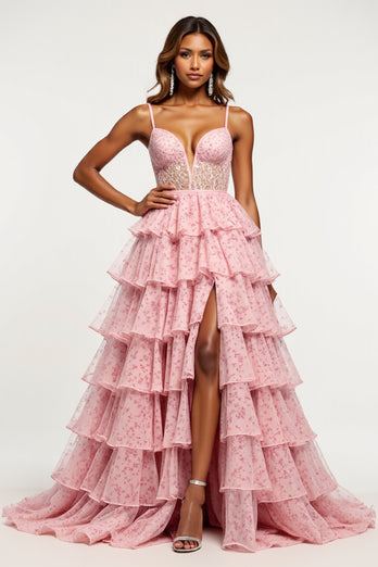 Blush Flower Tulle Tiered V-Neck Long Prom Dress with Slit