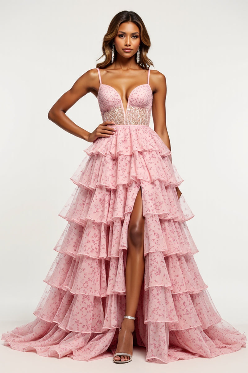 Load image into Gallery viewer, Blush Flower Tulle Tiered V-Neck Long Prom Dress with Slit