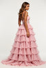 Load image into Gallery viewer, Blush Flower Tulle Tiered V-Neck Long Prom Dress with Slit