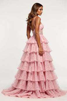 Blush Flower Tulle Tiered V-Neck Long Prom Dress with Slit