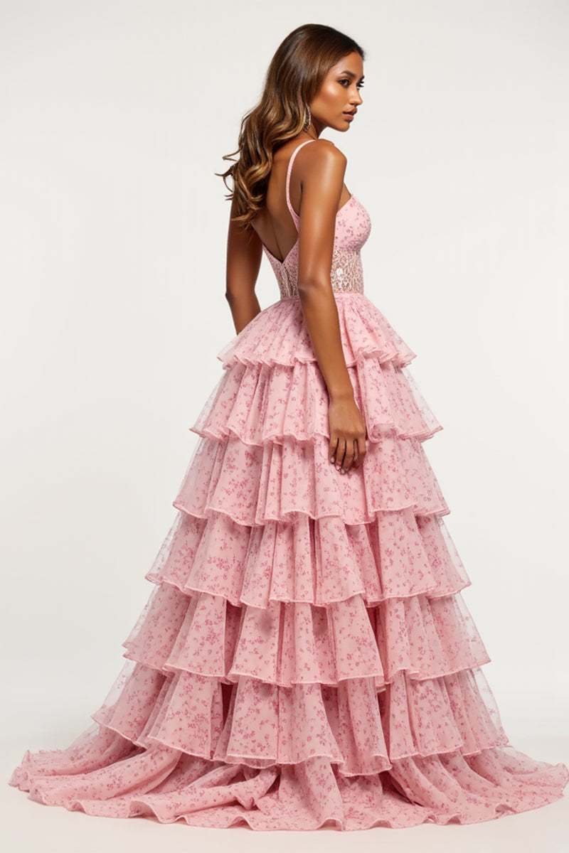 Load image into Gallery viewer, Blush Flower Tulle A Line Tiered Long Prom Dress with Slit