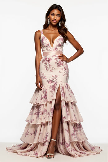 Champagne Flower Mermaid Tiered V-Neck Long Chiffon Prom Dress with Slit