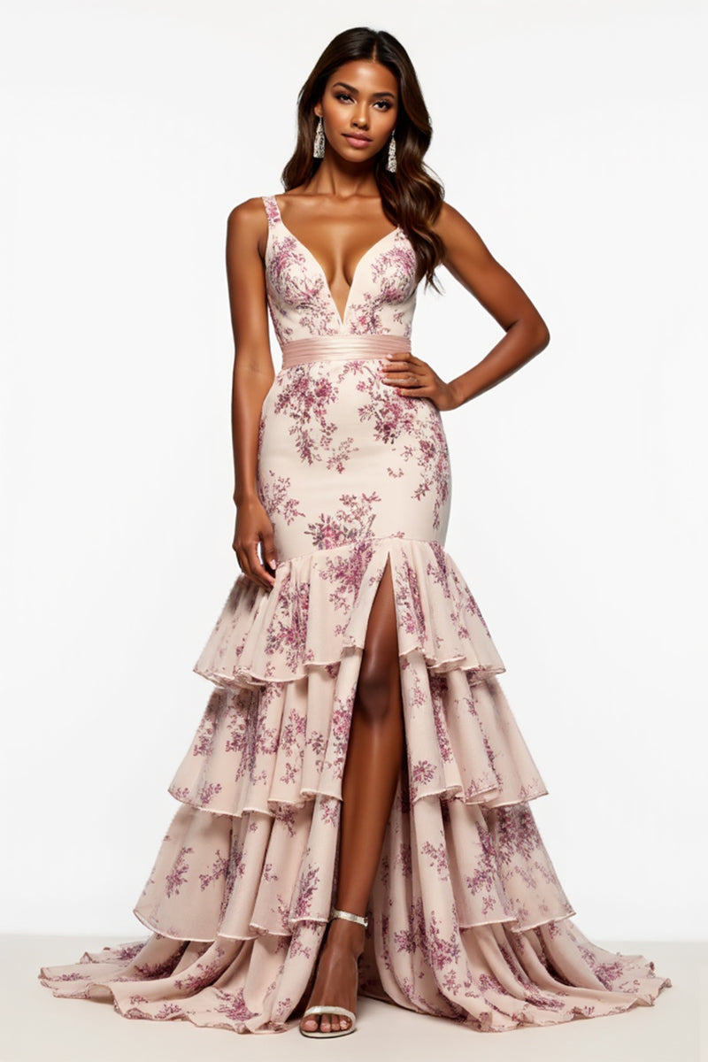 Load image into Gallery viewer, Champagne Flower Mermaid Tiered V-Neck Long Chiffon Prom Dress with Slit