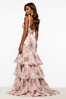 Champagne Flower Mermaid Tiered V-Neck Long Chiffon Prom Dress with Slit