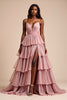 Load image into Gallery viewer, Dusty Rose A Line Tiered V-Neck Long Prom Dress with Slit