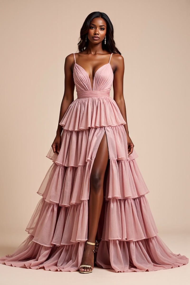 Load image into Gallery viewer, Dusty Rose A Line Tiered V-Neck Long Prom Dress with Slit