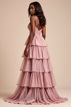 Dusty Rose A Line Tiered V-Neck Long Prom Dress with Slit