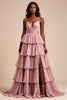 Load image into Gallery viewer, Dusty Rose A Line Tiered V-Neck Long Prom Dress with Slit