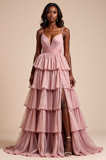 Dusty Rose A Line Tiered V-Neck Long Prom Dress with Slit