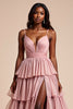 Load image into Gallery viewer, Dusty Rose A Line Tiered V-Neck Long Prom Dress with Slit