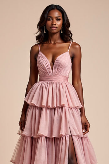 Dusty Rose A Line Tiered V-Neck Long Prom Dress with Slit