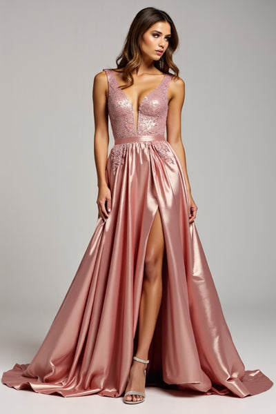 Sparkly Dusty Rose V-Neck Long Prom Dress with Slit