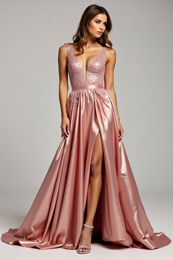 Sparkly Dusty Rose V-Neck Long Prom Dress with Slit