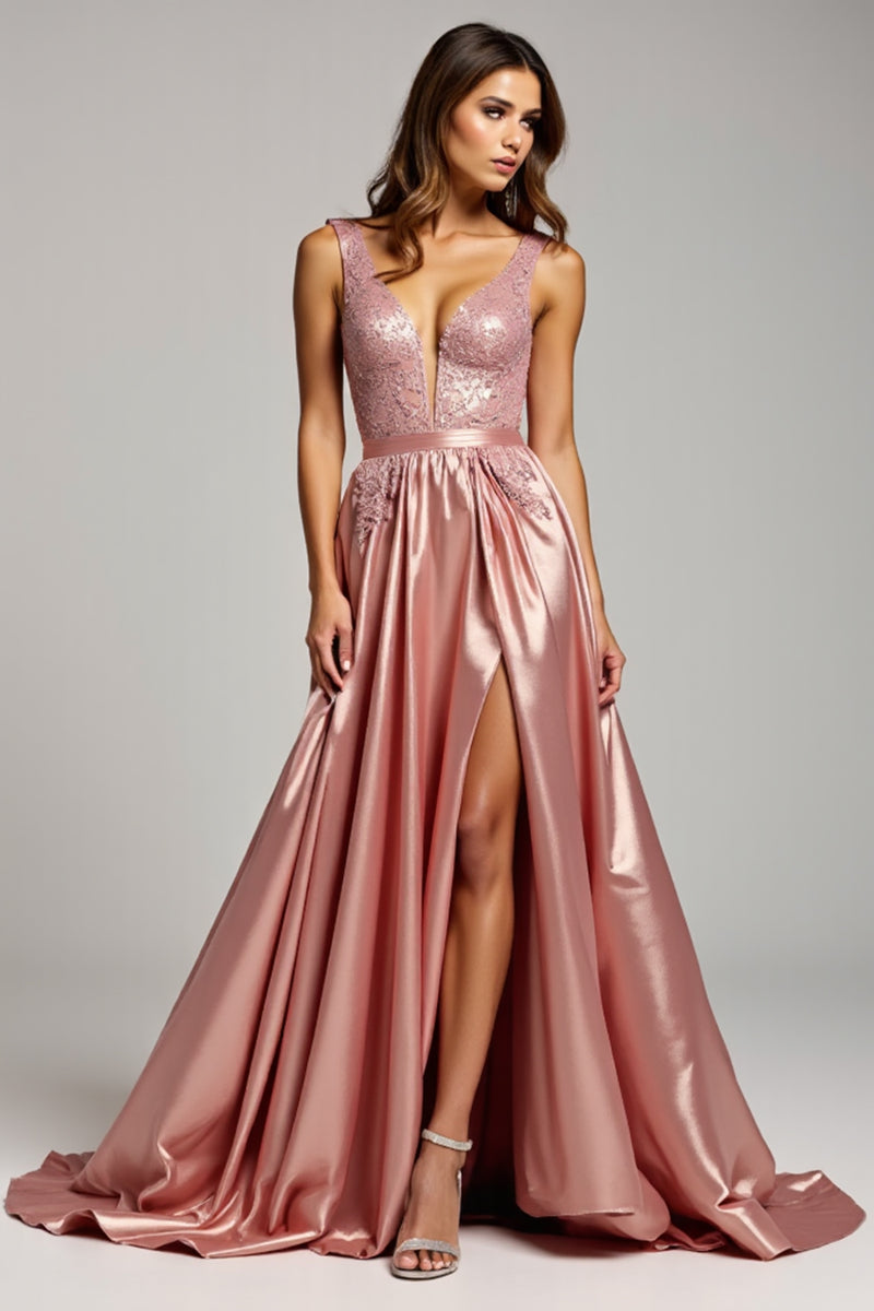 Load image into Gallery viewer, Sparkly Dusty Rose V-Neck Long Prom Dress with Slit