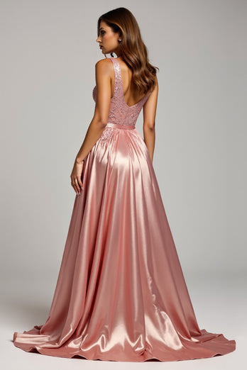 Sparkly Dusty Rose V-Neck Long Prom Dress with Slit