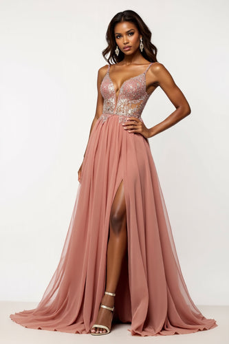 Dusty Rose A Line Tulle V-Neck Long Prom Dress with Sequins