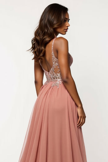 Dusty Rose A Line Tulle V-Neck Long Prom Dress with Sequins