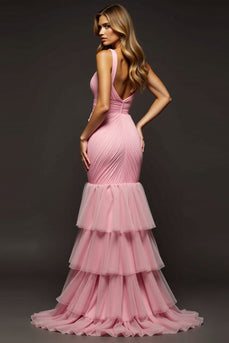 Pink Mermaid Ruched V-Neck Long Prom Dress with Slit