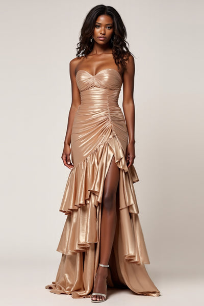 Sparkly Rose Gold Sweetheart Ruched Long Prom Dress with Slit