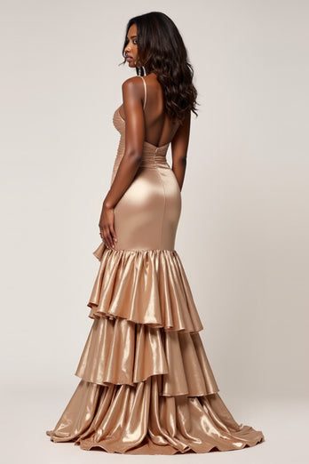 Sparkly Rose Gold Sweetheart Ruched Long Prom Dress with Slit