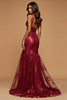 Load image into Gallery viewer, Sparkly Dark Red Mermaid Tulle V-Neck Long Prom Dress with Appliques